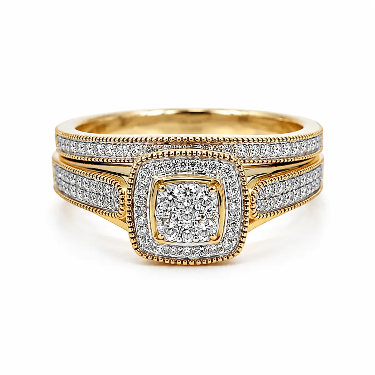 10ct Yellow Gold 0.33ct Natural Diamond Cushion Halo 2-Piece Bridal Set Ring - RD2065