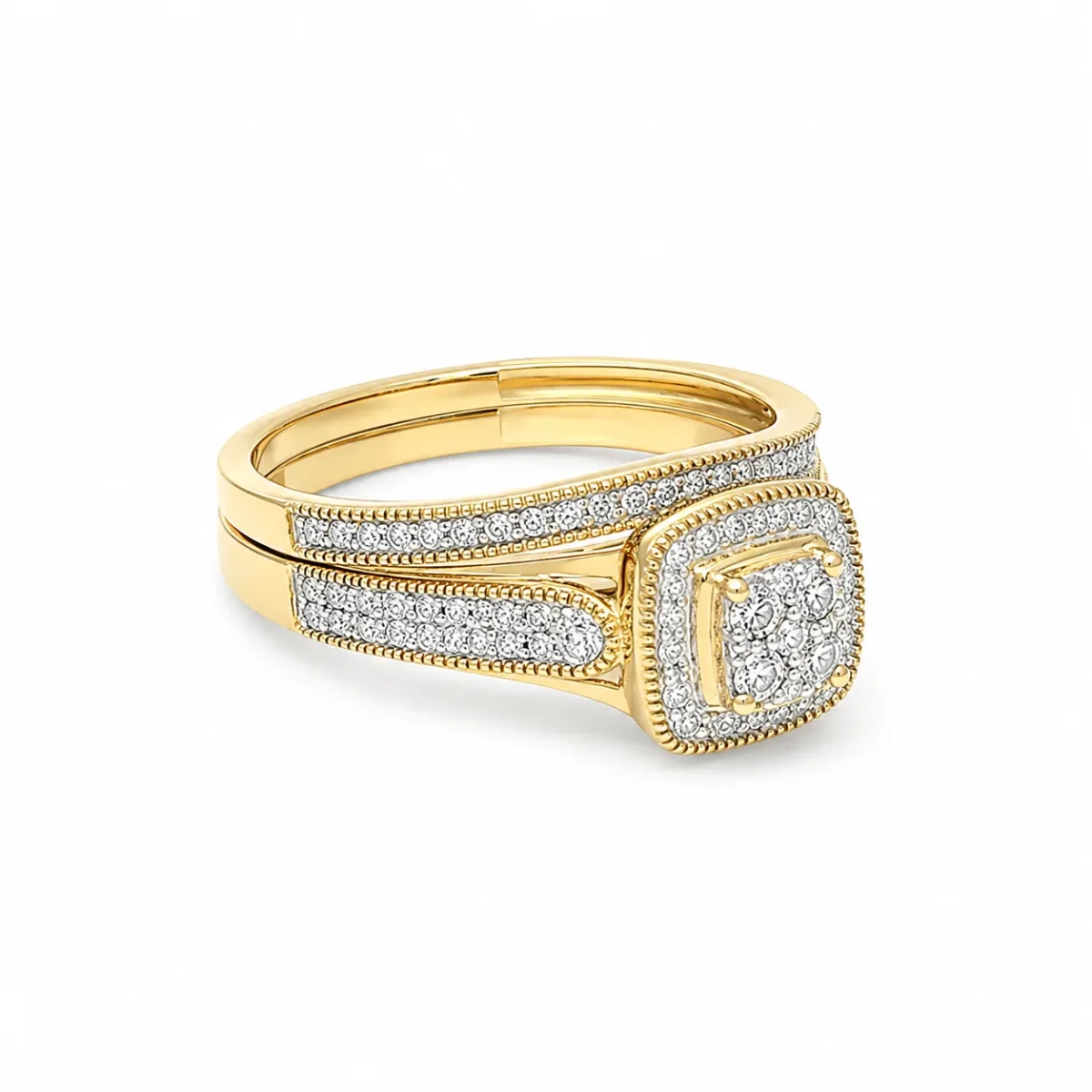 10ct Yellow Gold 0.33ct Natural Diamond Cushion Halo 2-Piece Bridal Set Ring - RD2065