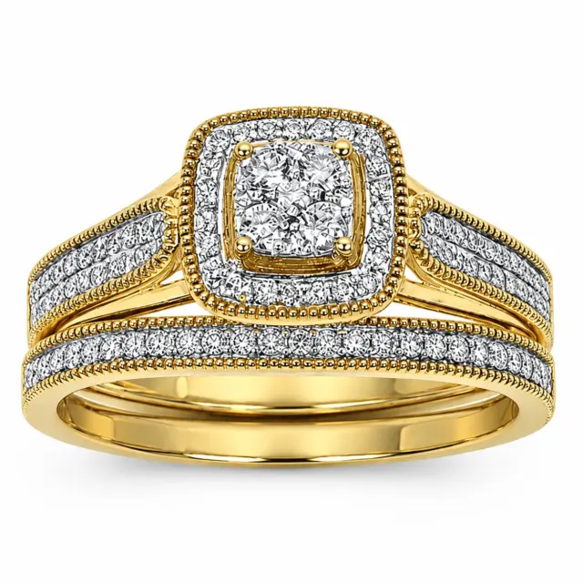 10ct Yellow Gold 0.33ct Natural Diamond Cushion Halo 2-Piece Bridal Set Ring - RD2065