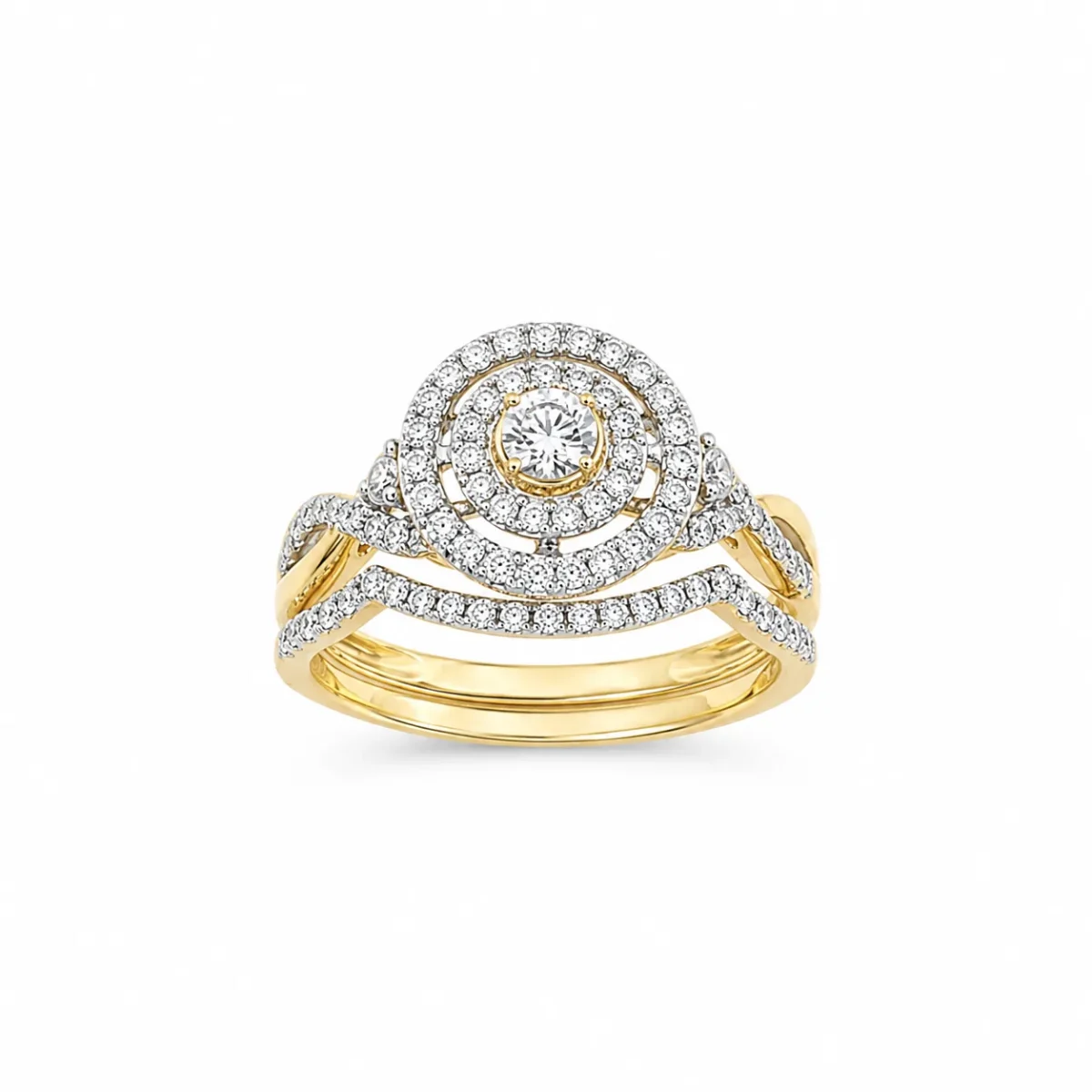 10ct Yellow Gold 0.75ct Natural Diamond Double Halo 2-Piece Bridal Set Ring