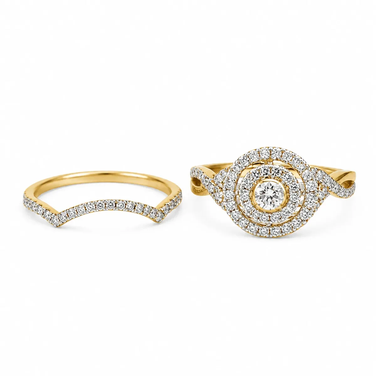 10ct Yellow Gold 0.75ct Natural Diamond Double Halo 2-Piece Bridal Set Ring