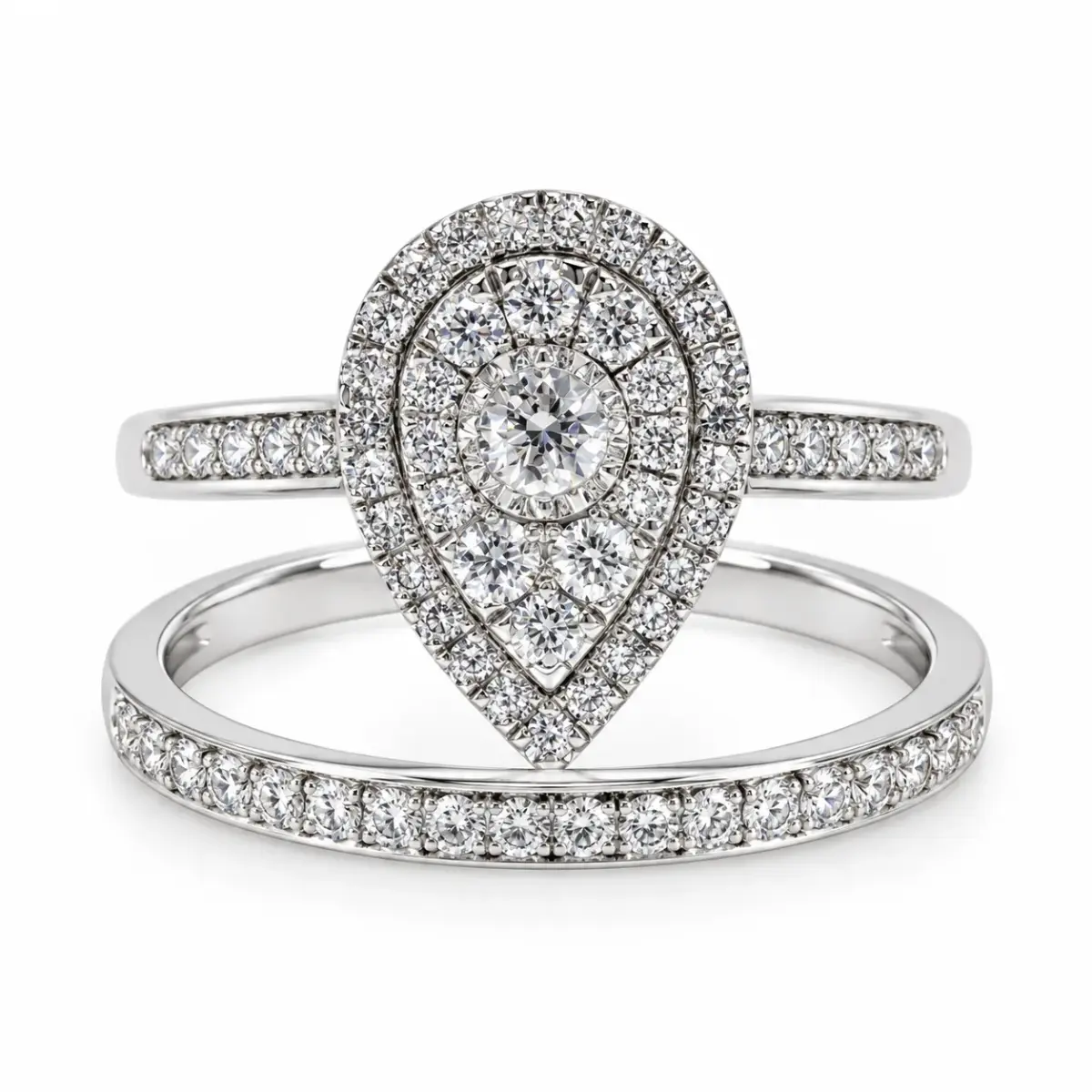 18ct White Gold 0.50ct TDW Natural Diamond Pear Halo 2-Piece Bridal Set - IGR39264