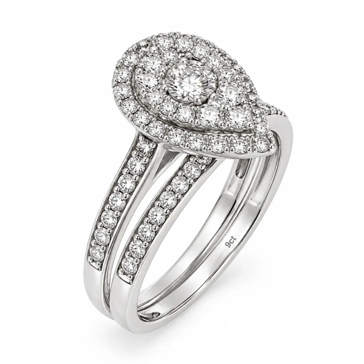 18ct White Gold 0.50ct TDW Natural Diamond Pear Halo 2-Piece Bridal Set - IGR39264