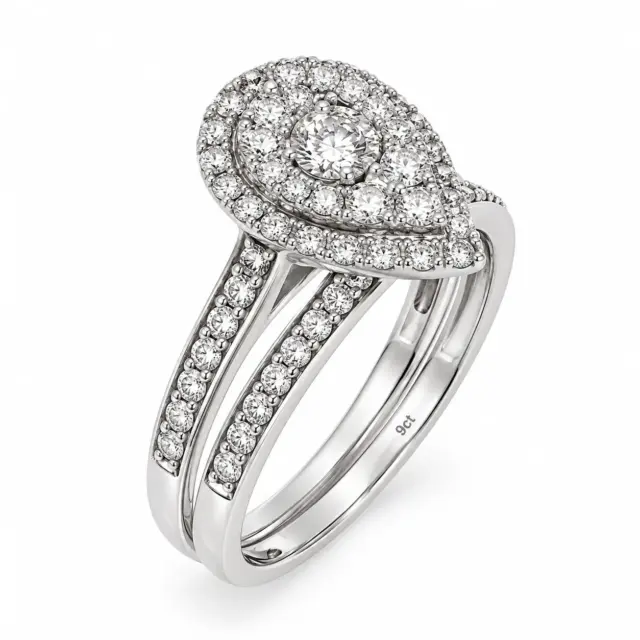 18ct White Gold 0.50ct TDW Natural Diamond Pear Halo 2-Piece Bridal Set - IGR39264