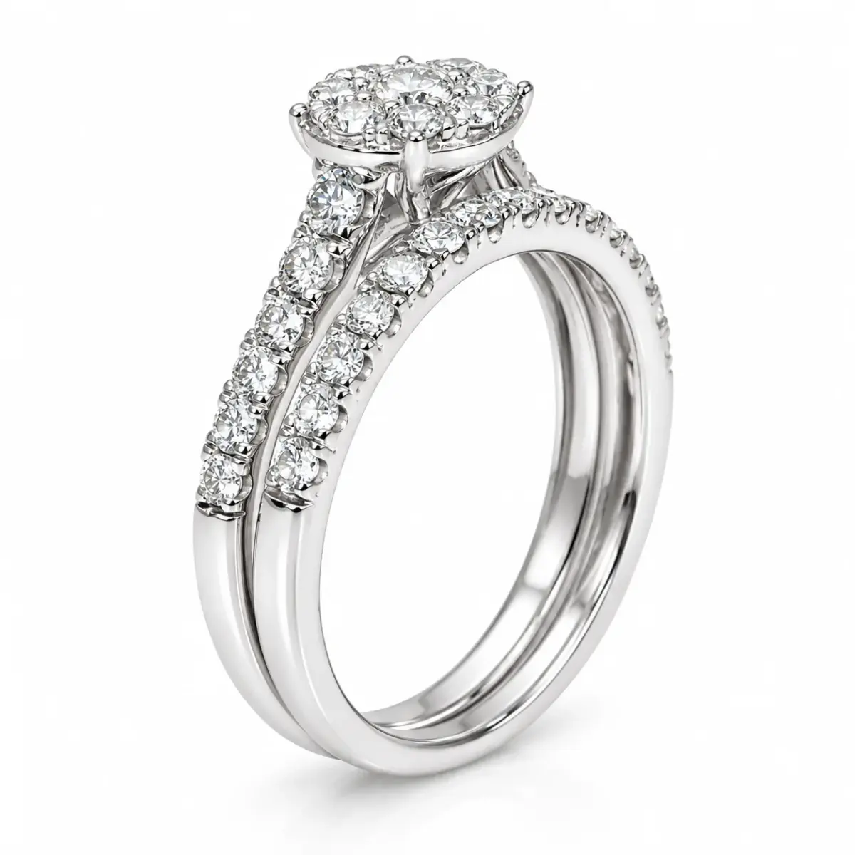 18ct White Gold 1.00ct TDW Natural Diamond Cluster 2-Piece Bridal Set - R41483