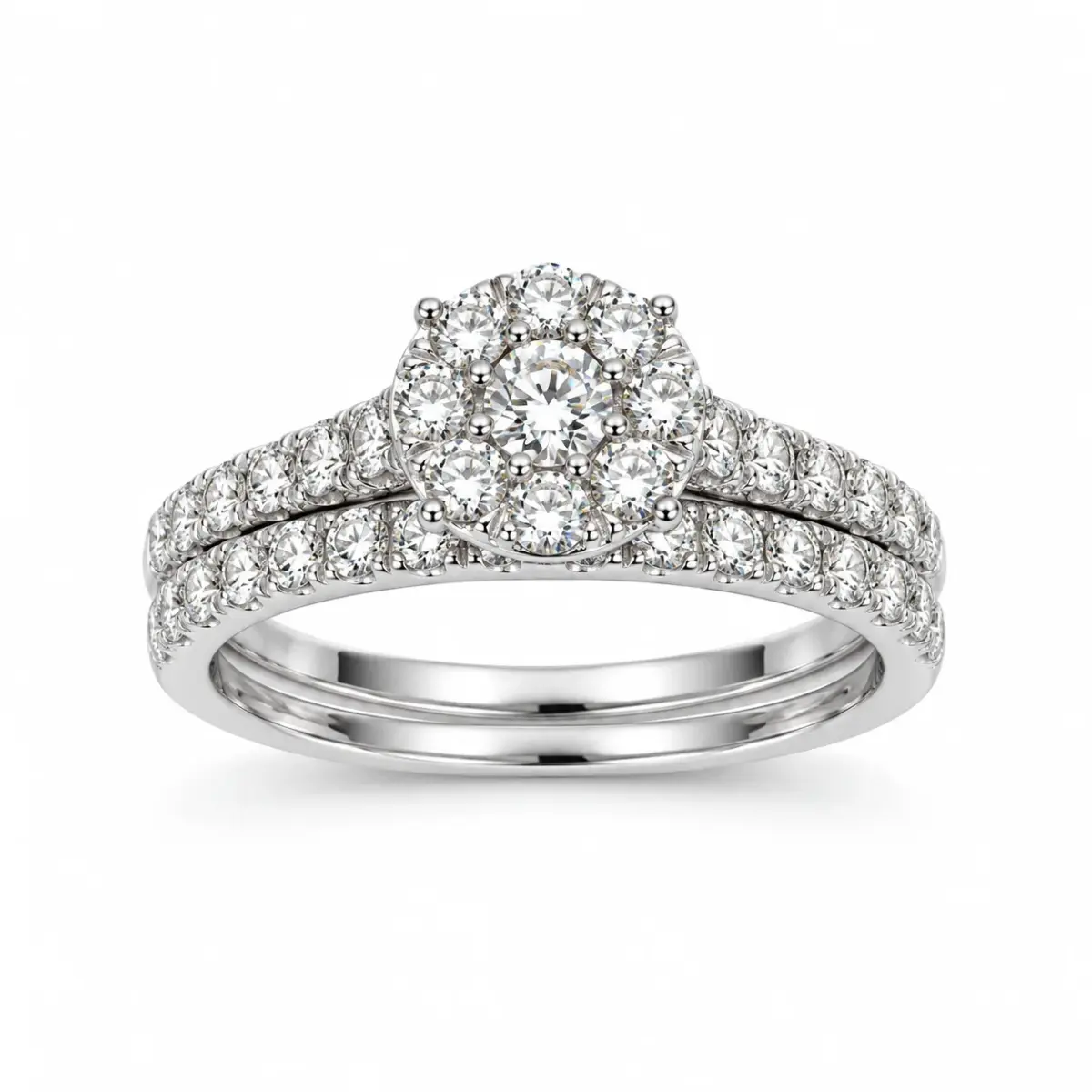 18ct White Gold 1.00ct TDW Natural Diamond Cluster 2-Piece Bridal Set - R41483