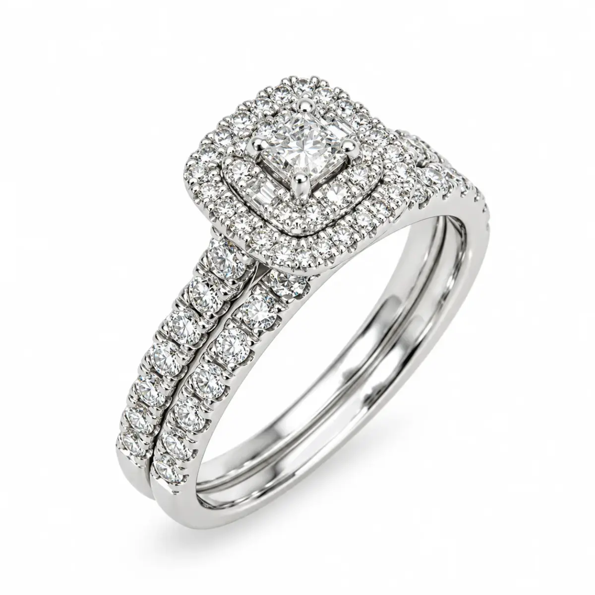 9ct White Gold 1.00ct TDW Natural Diamond Princess Cut Double Halo 2-Piece Bridal Set - 9WR42307