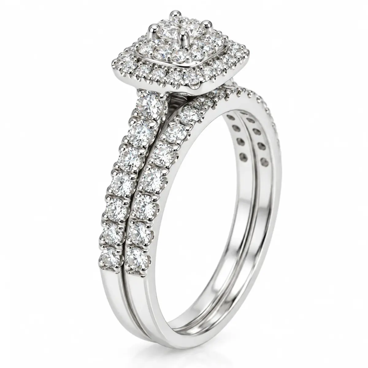 9ct White Gold 1.00ct TDW Natural Diamond Princess Cut Double Halo 2-Piece Bridal Set - 9WR42307