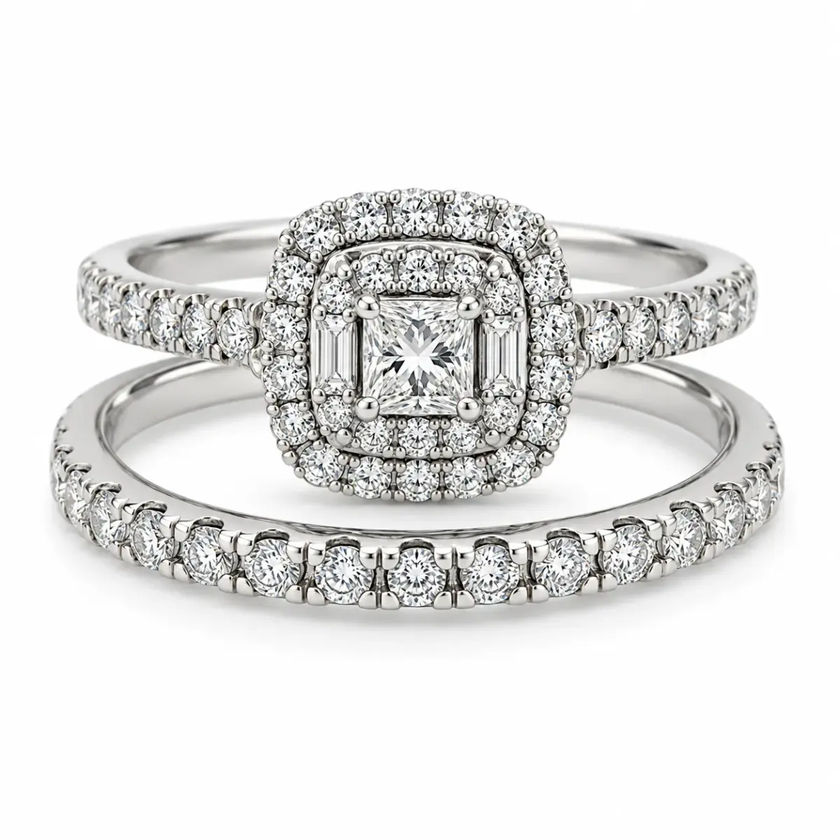 9ct White Gold 1.00ct TDW Natural Diamond Princess Cut Double Halo 2-Piece Bridal Set - 9WR42307