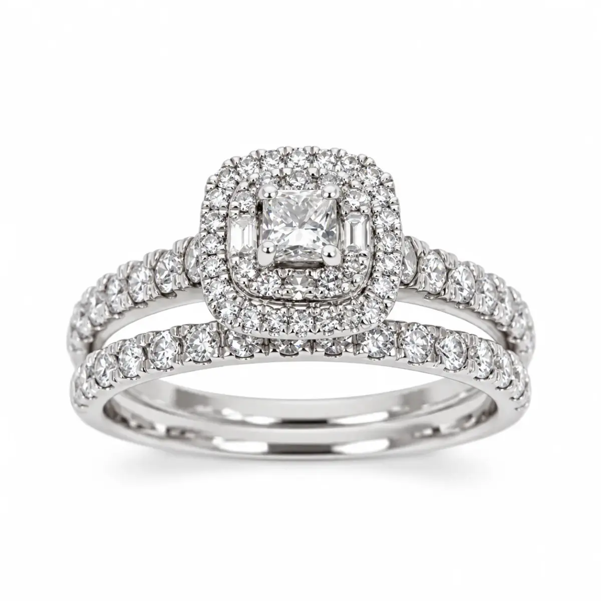 9ct White Gold 1.00ct TDW Natural Diamond Princess Cut Double Halo 2-Piece Bridal Set - 9WR42307