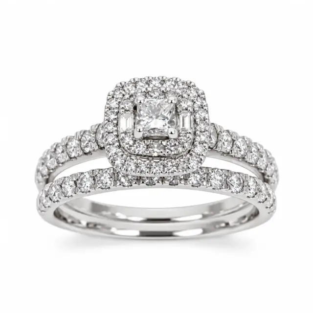 9ct White Gold 1.00ct TDW Natural Diamond Princess Cut Double Halo 2-Piece Bridal Set - 9WR42307