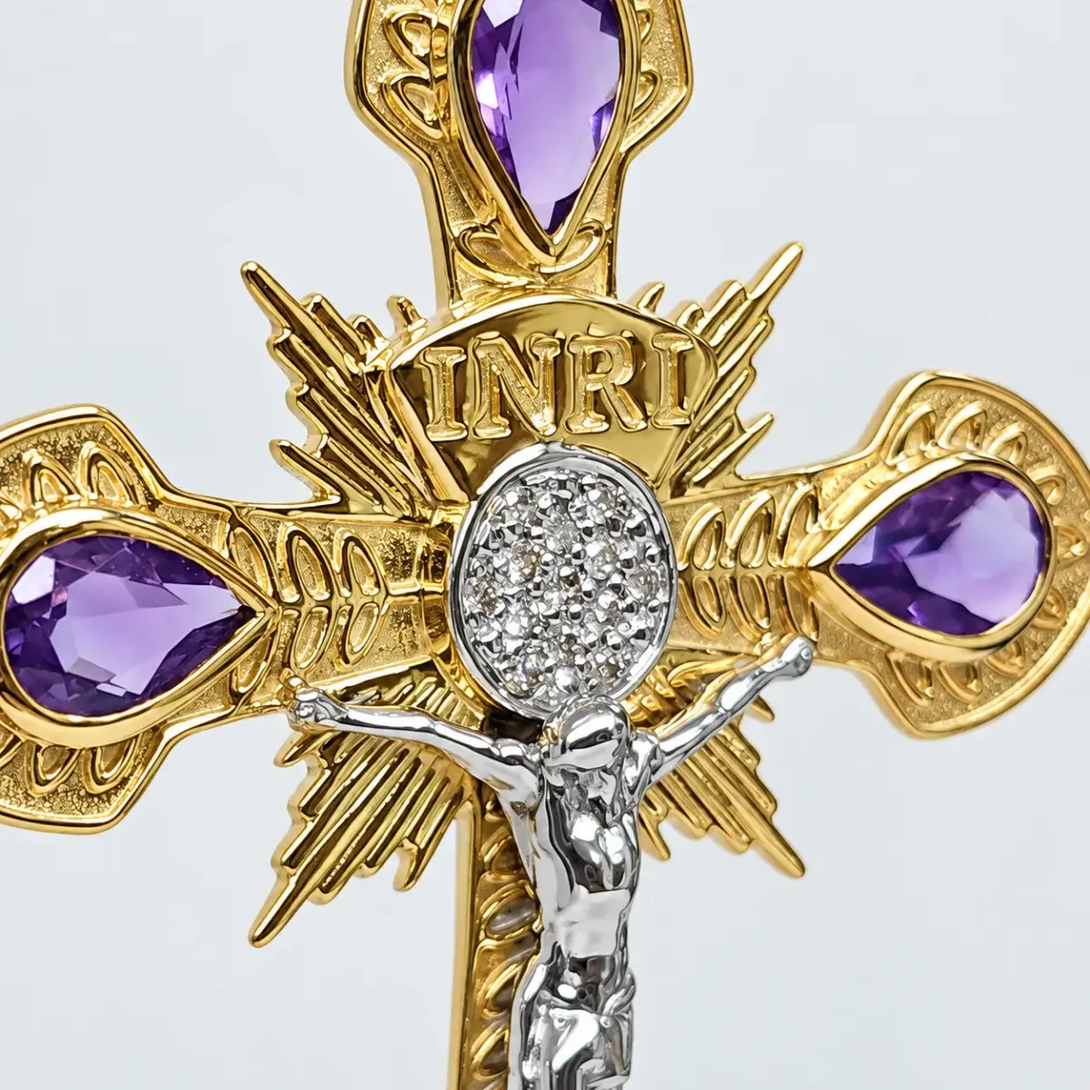 9ct Yellow & White Gold Natural Amethyst & Diamond INRI Crucifix Pendant - 9YCYP3628