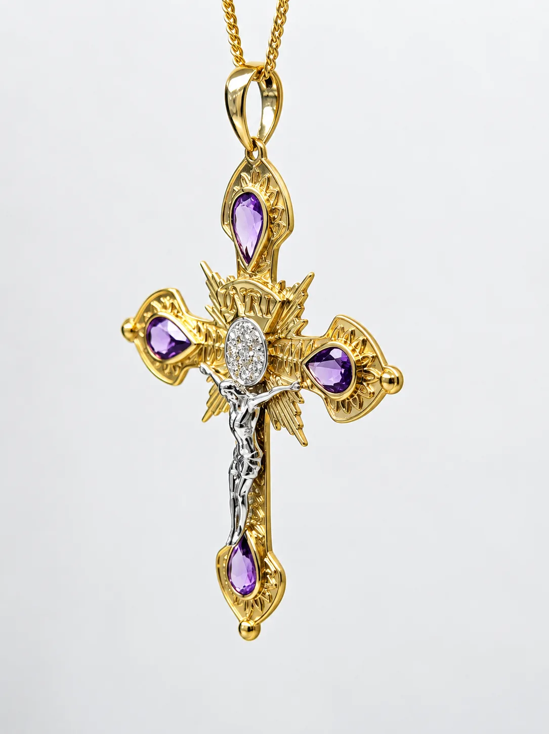 9ct Yellow & White Gold Natural Amethyst & Diamond INRI Crucifix Pendant - 9YCYP3628