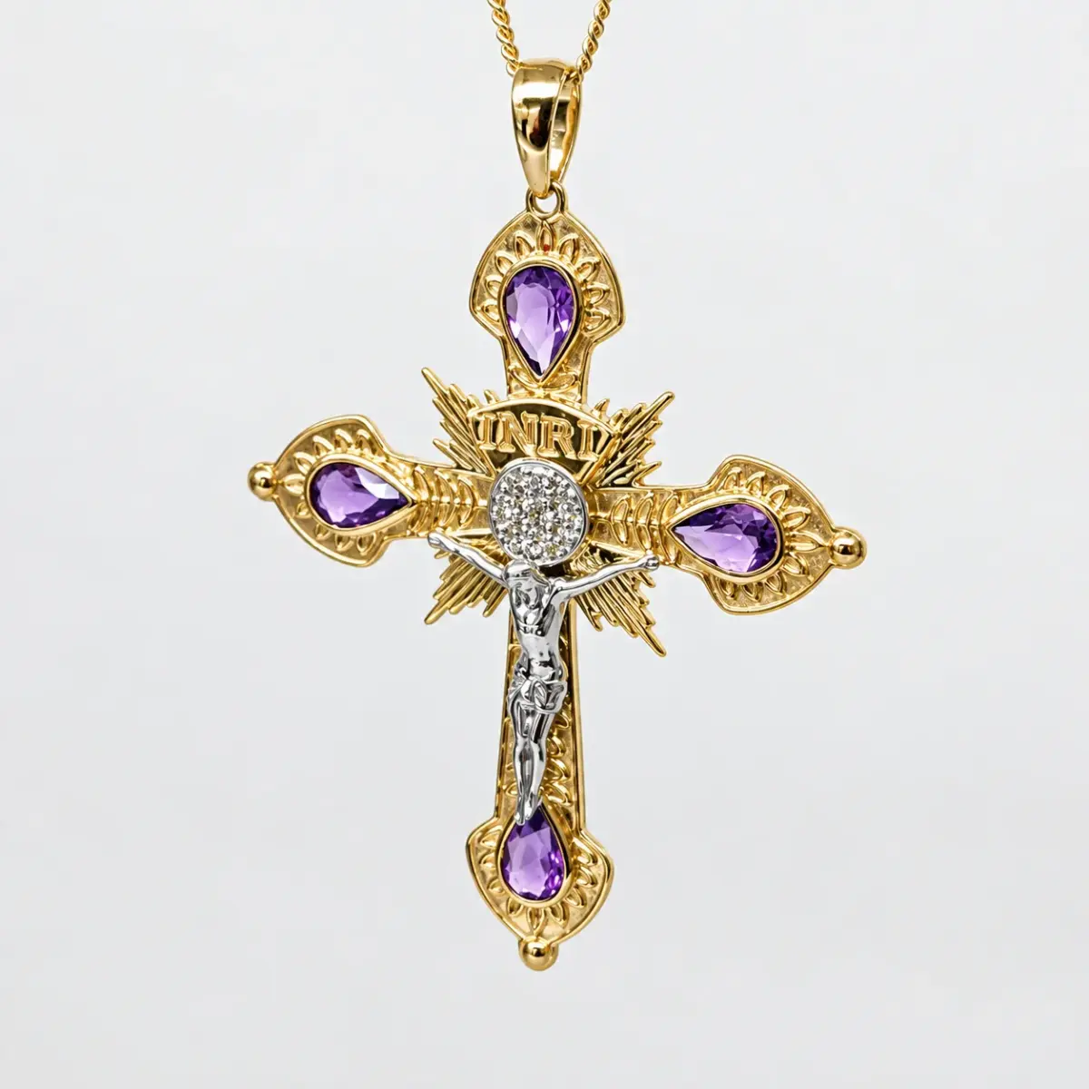 9ct Yellow & White Gold Natural Amethyst & Diamond INRI Crucifix Pendant - 9YCYP3628