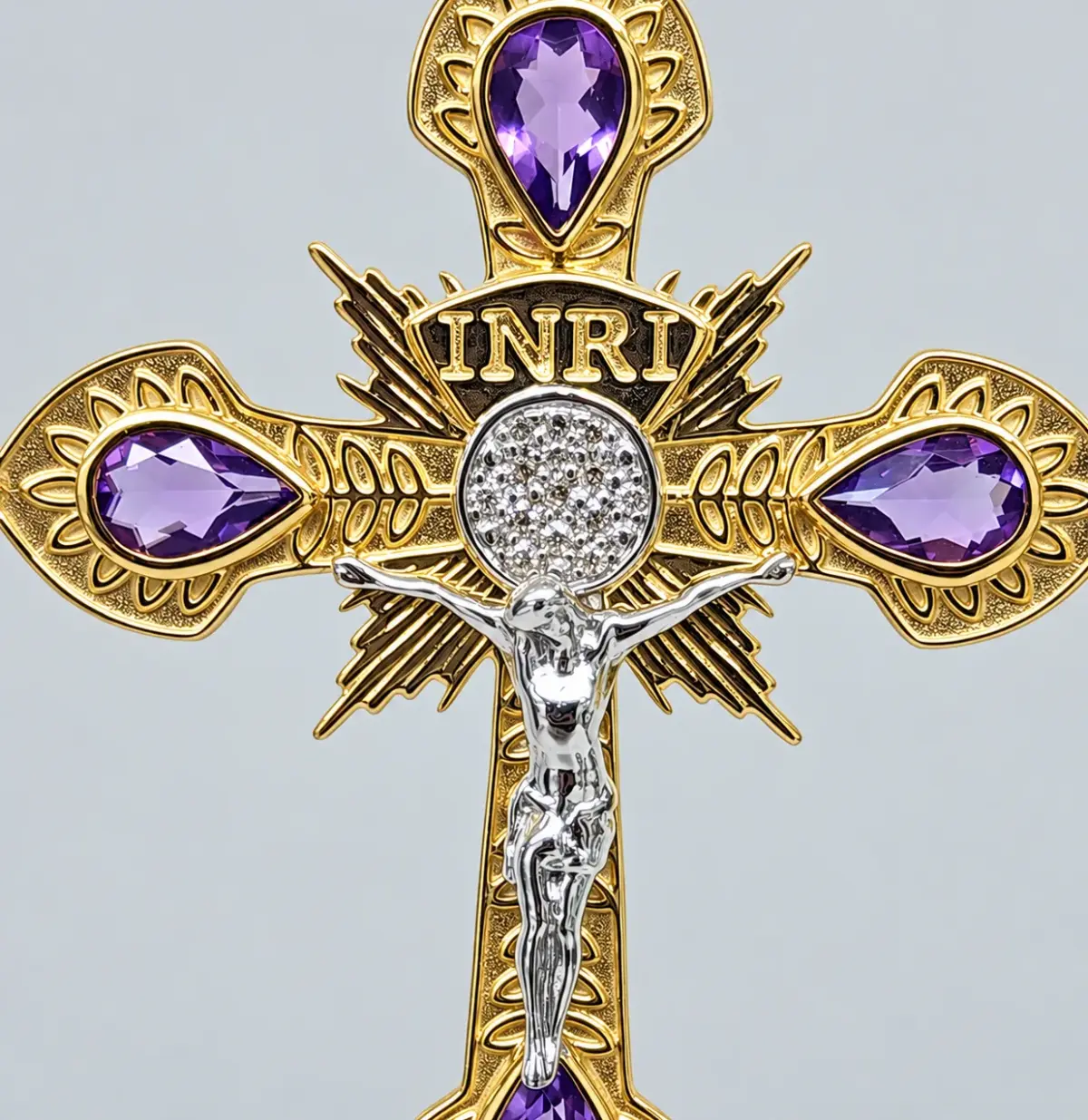 9ct Yellow & White Gold Natural Amethyst & Diamond INRI Crucifix Pendant - 9YCYP3628