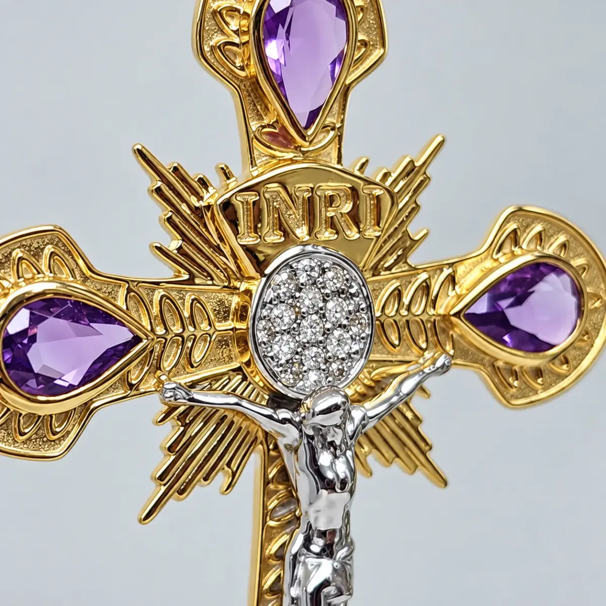 9ct Yellow & White Gold Natural Amethyst & Diamond INRI Crucifix Pendant - 9YCYP3628