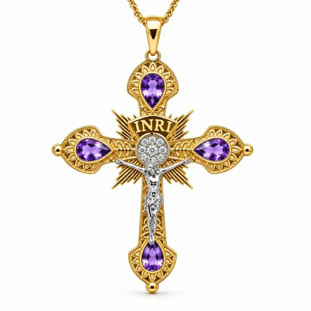 9ct Yellow & White Gold Natural Amethyst & Diamond INRI Crucifix Pendant - 9YCYP3628