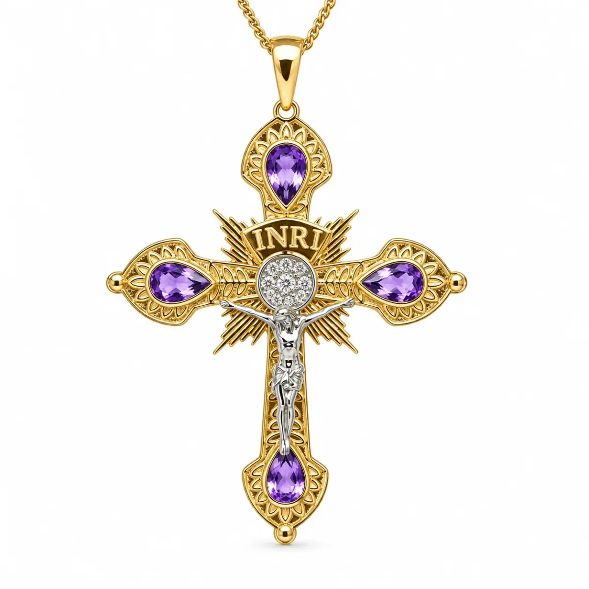 9ct Yellow & White Gold Natural Amethyst & Diamond INRI Crucifix Pendant - 9YCYP3628
