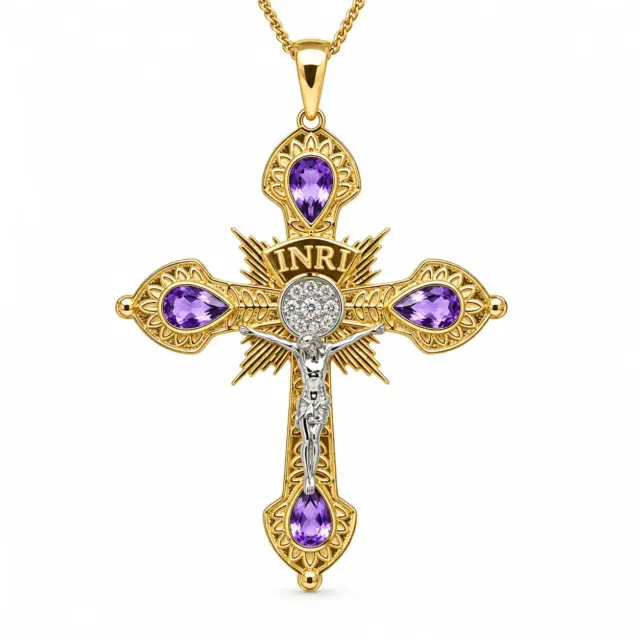 9ct Yellow & White Gold Natural Amethyst & Diamond INRI Crucifix Pendant - 9YCYP3628