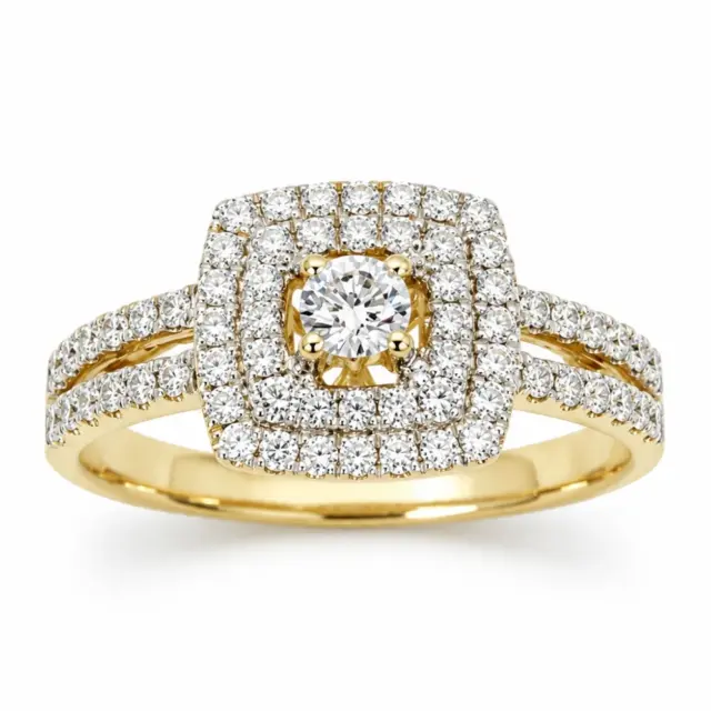 9ct Yellow Gold 0.75ct Lab-Grown Diamond Double Halo Split Shank Engagement Ring - 9YCYR3200