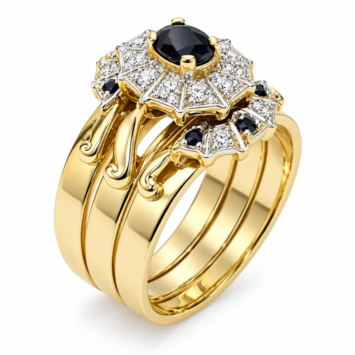 9ct Yellow Gold 3-Piece Natural Diamond & Black Sapphire Cluster Ring Set - 9YCYR1431ABC