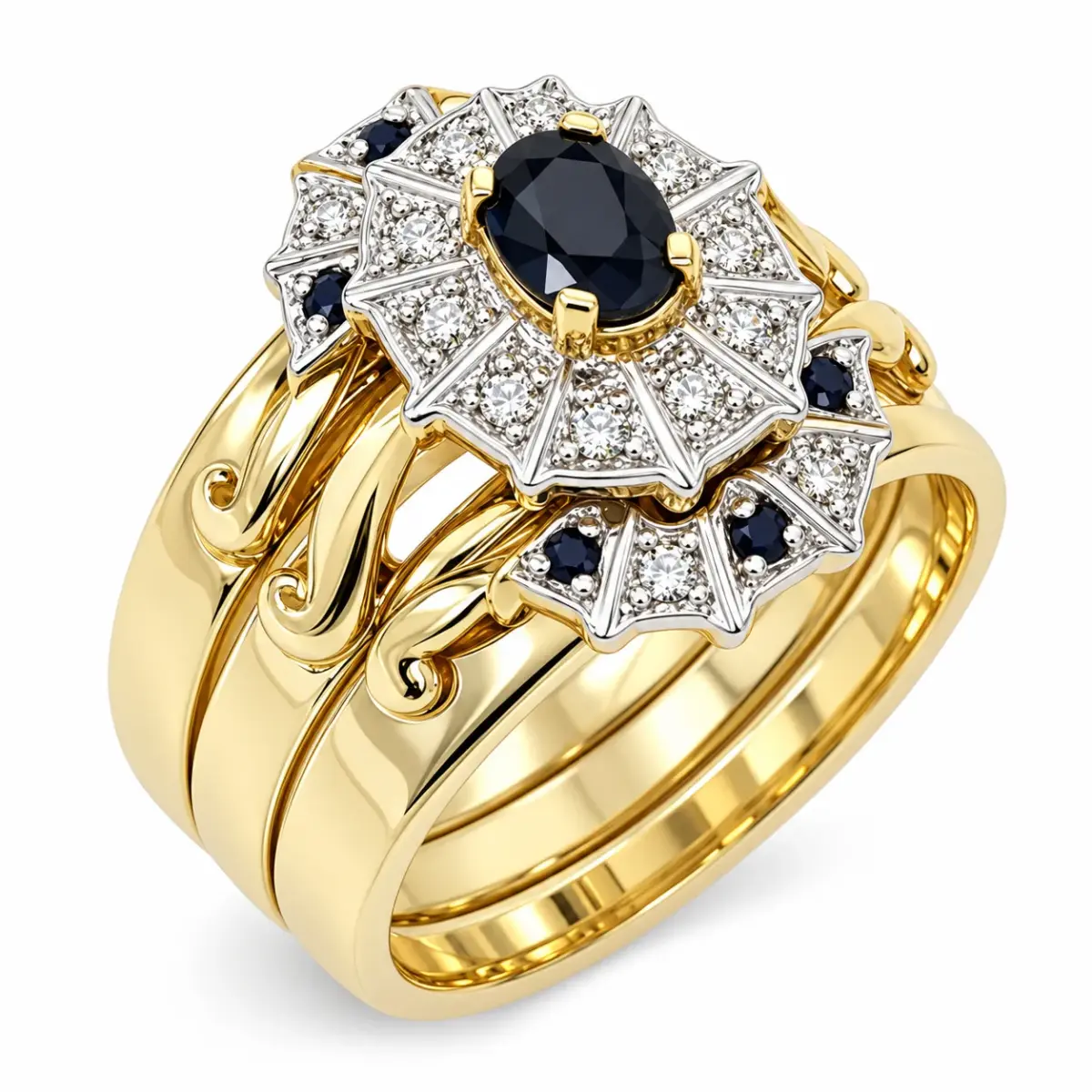9ct Yellow Gold 3-Piece Natural Diamond & Black Sapphire Cluster Ring Set - 9YCYR1431ABC