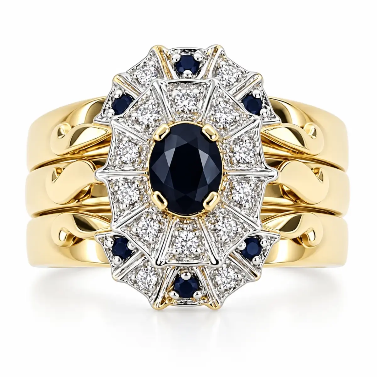 9ct Yellow Gold 3-Piece Natural Diamond & Black Sapphire Cluster Ring Set - 9YCYR1431ABC