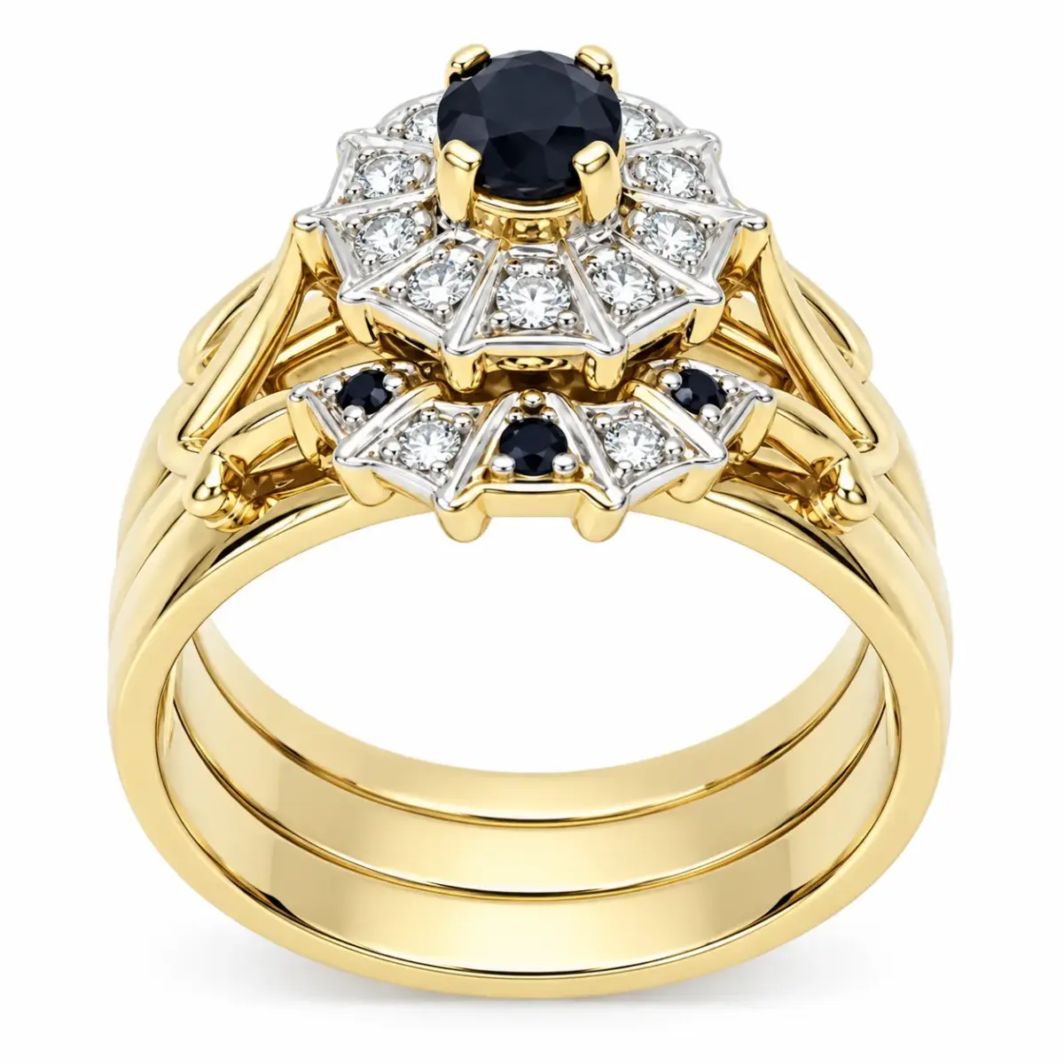 9ct Yellow Gold 3-Piece Natural Diamond & Black Sapphire Cluster Ring Set - 9YCYR1431ABC