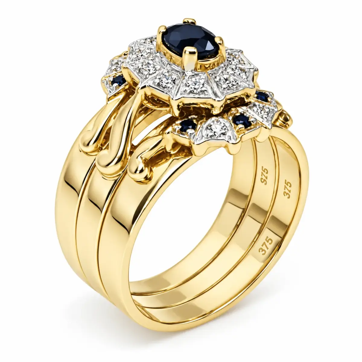 9ct Yellow Gold 3-Piece Natural Diamond & Black Sapphire Cluster Ring Set - 9YCYR1431ABC