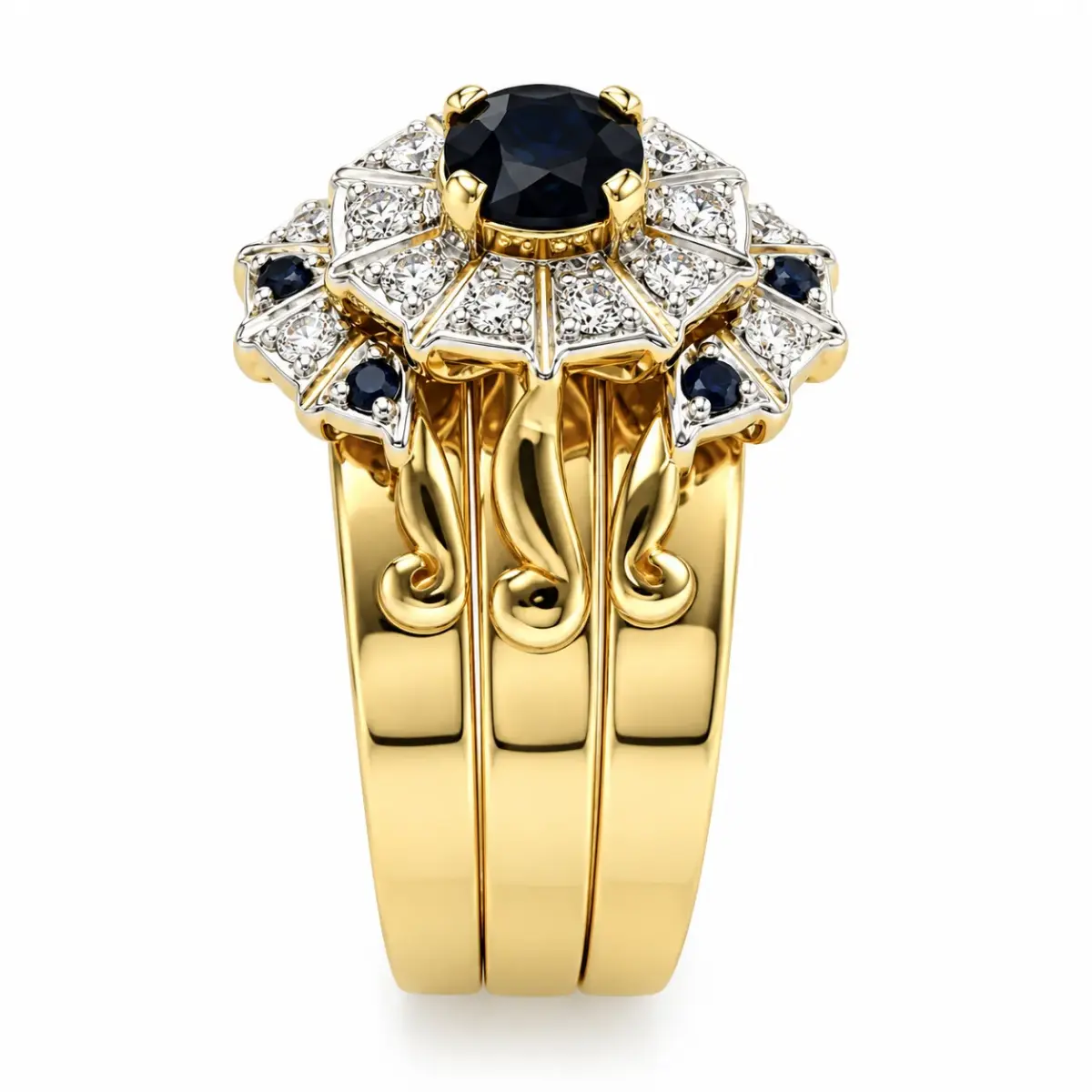 9ct Yellow Gold 3-Piece Natural Diamond & Black Sapphire Cluster Ring Set - 9YCYR1431ABC