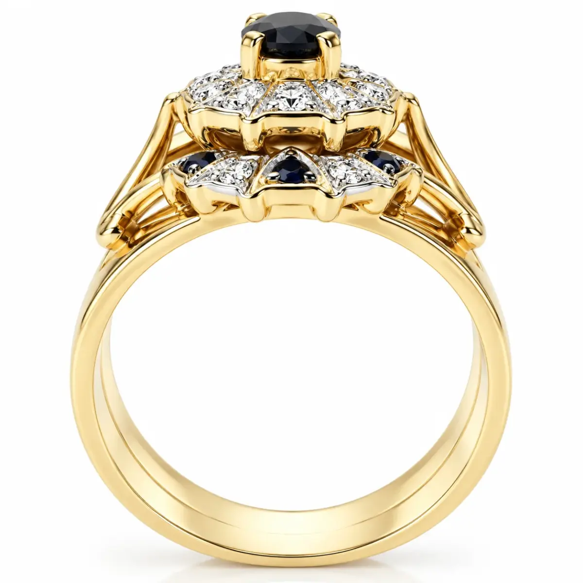 9ct Yellow Gold 3-Piece Natural Diamond & Black Sapphire Cluster Ring Set - 9YCYR1431ABC