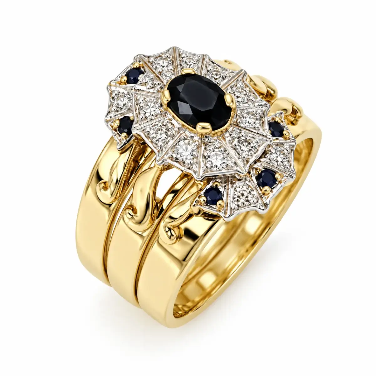 9ct Yellow Gold 3-Piece Natural Diamond & Black Sapphire Cluster Ring Set - 9YCYR1431ABC