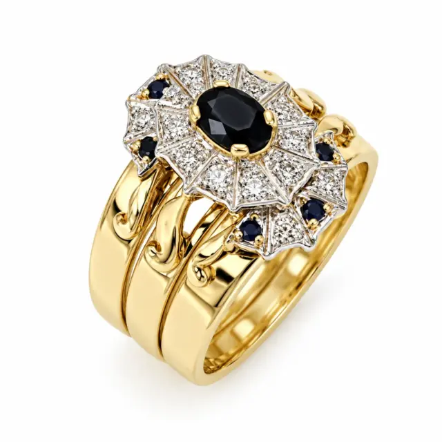 9ct Yellow Gold 3-Piece Natural Diamond & Black Sapphire Cluster Ring Set - 9YCYR1431ABC