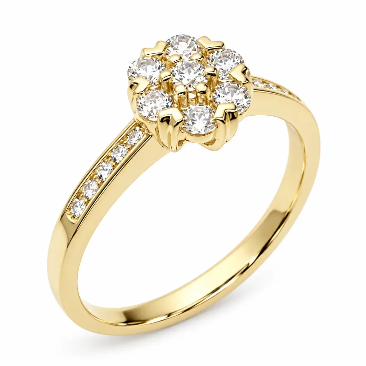9ct Yellow Gold 7-Stone CZ Cluster Engagement Ring with CZ Shoulders