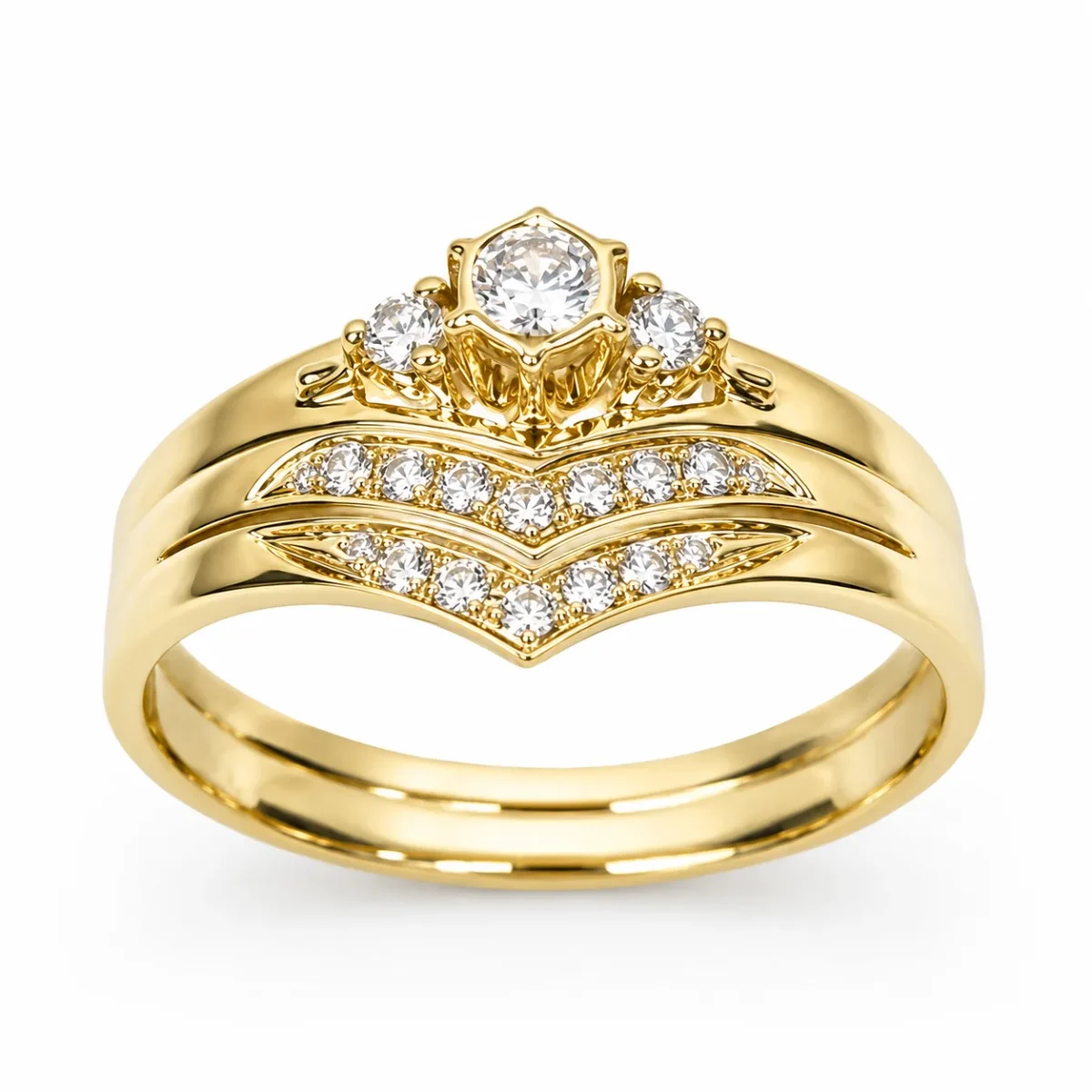 9ct Yellow Gold Cubic Zirconia 2 Piece Bridal Ring Set – Three Stone Engagement Ring with Split Chevron Wedding Band