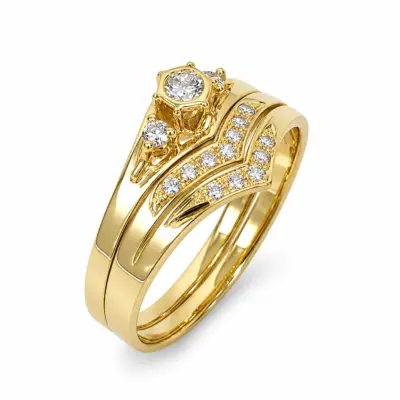 9ct Yellow Gold Cubic Zirconia 2 Piece Bridal Ring Set – Three Stone Engagement Ring with Split Chevron Wedding Band