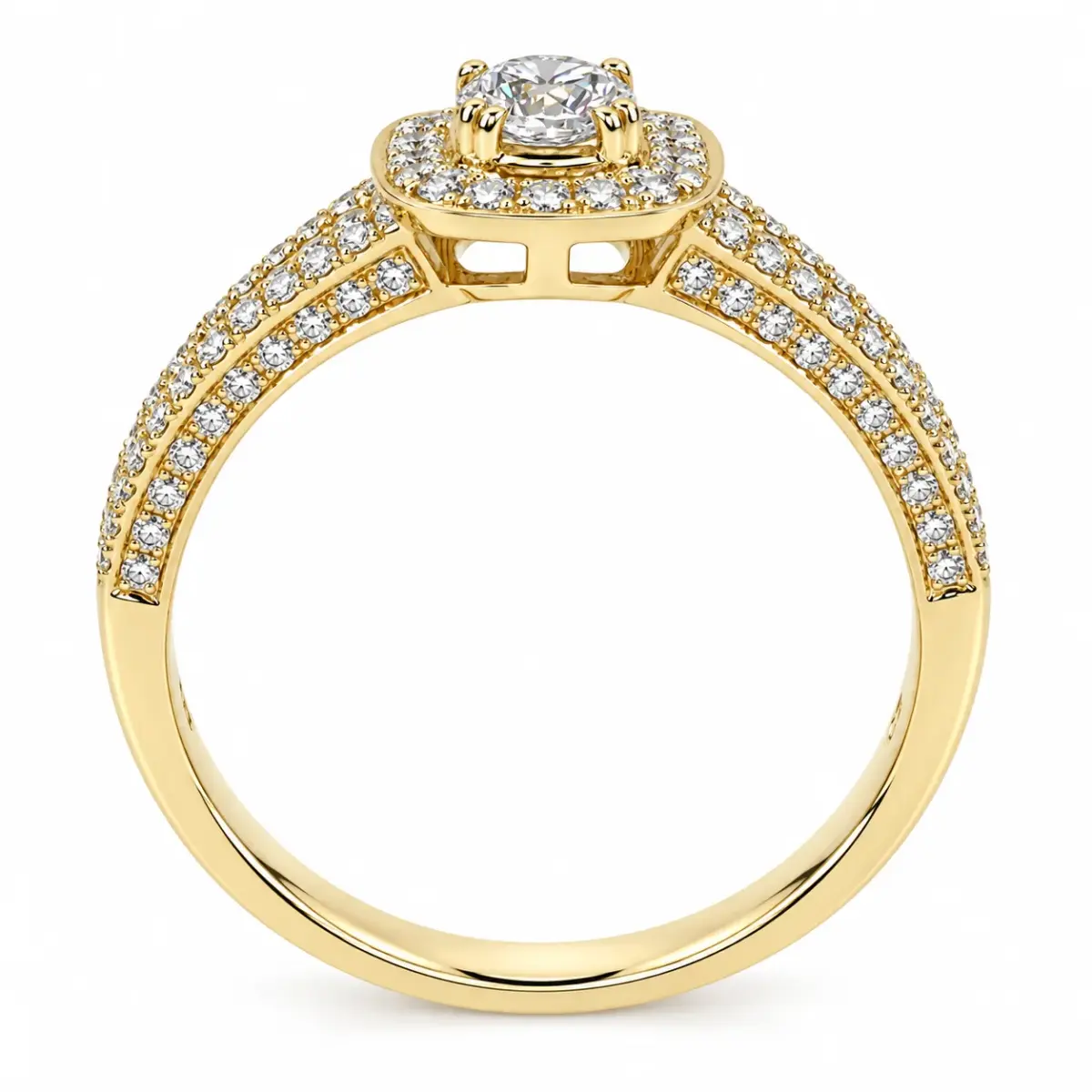 9ct Yellow Gold Cubic Zirconia Halo Statement Ring – Triple Row CZ Shoulders - 9YCYR7821