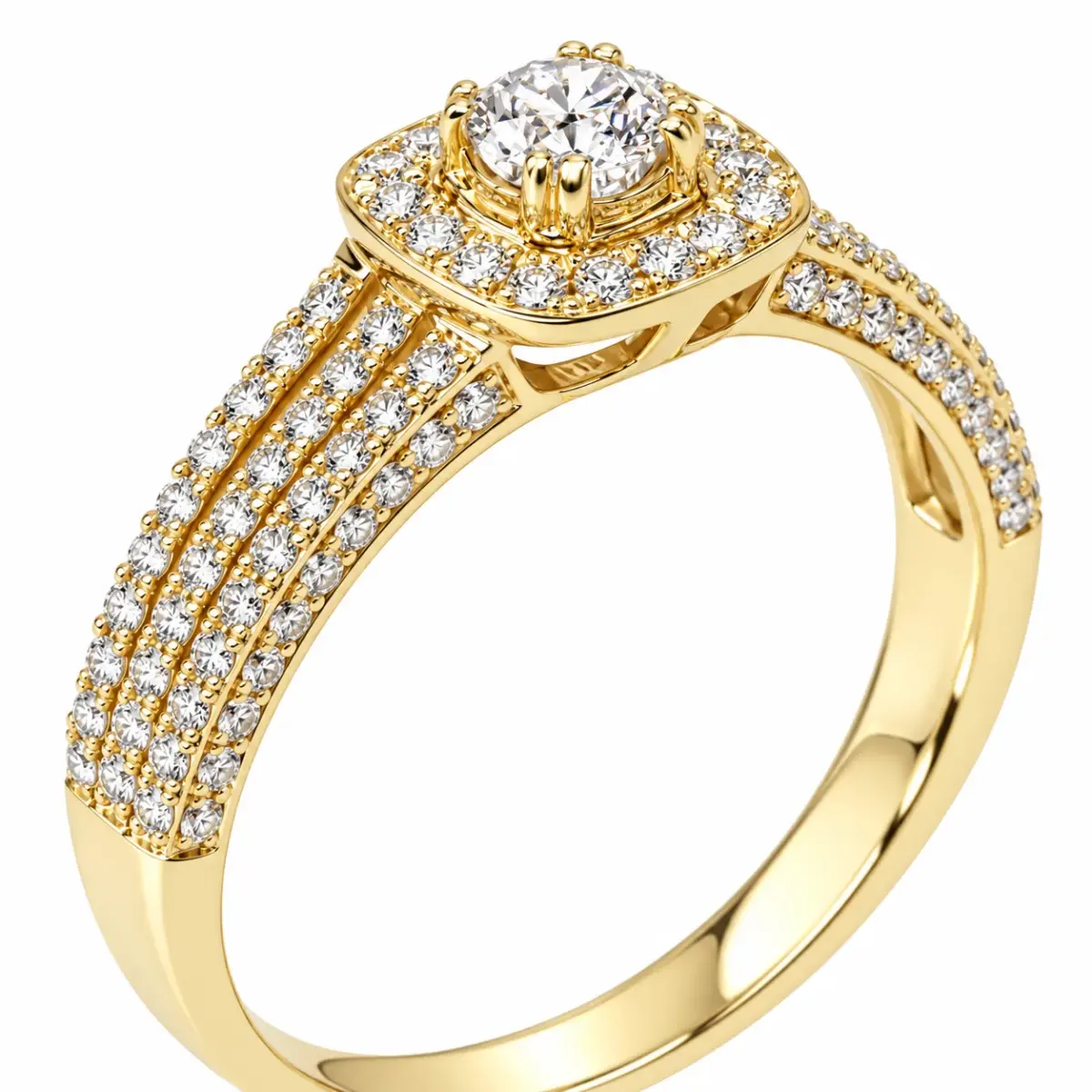9ct Yellow Gold Cubic Zirconia Halo Statement Ring – Triple Row CZ Shoulders - 9YCYR7821