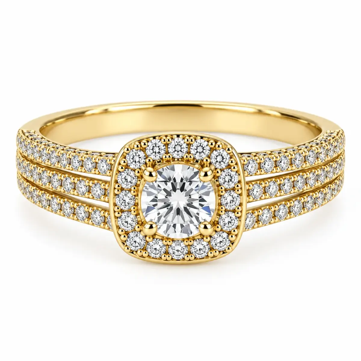 9ct Yellow Gold Cubic Zirconia Halo Statement Ring – Triple Row CZ Shoulders - 9YCYR7821