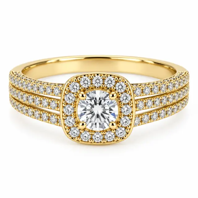 9ct Yellow Gold Cubic Zirconia Halo Statement Ring – Triple Row CZ Shoulders - 9YCYR7821