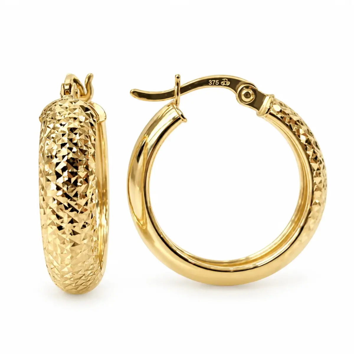 9ct Yellow Gold Diamond Cut Hoop Earrings – 4.80mm Wide, 15mm Internal Diameter - 1.53.9709