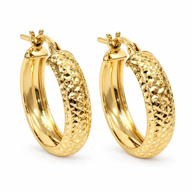 9ct Yellow Gold Diamond Cut Hoop Earrings – 4.80mm Wide, 15mm Internal Diameter - 1.53.9709