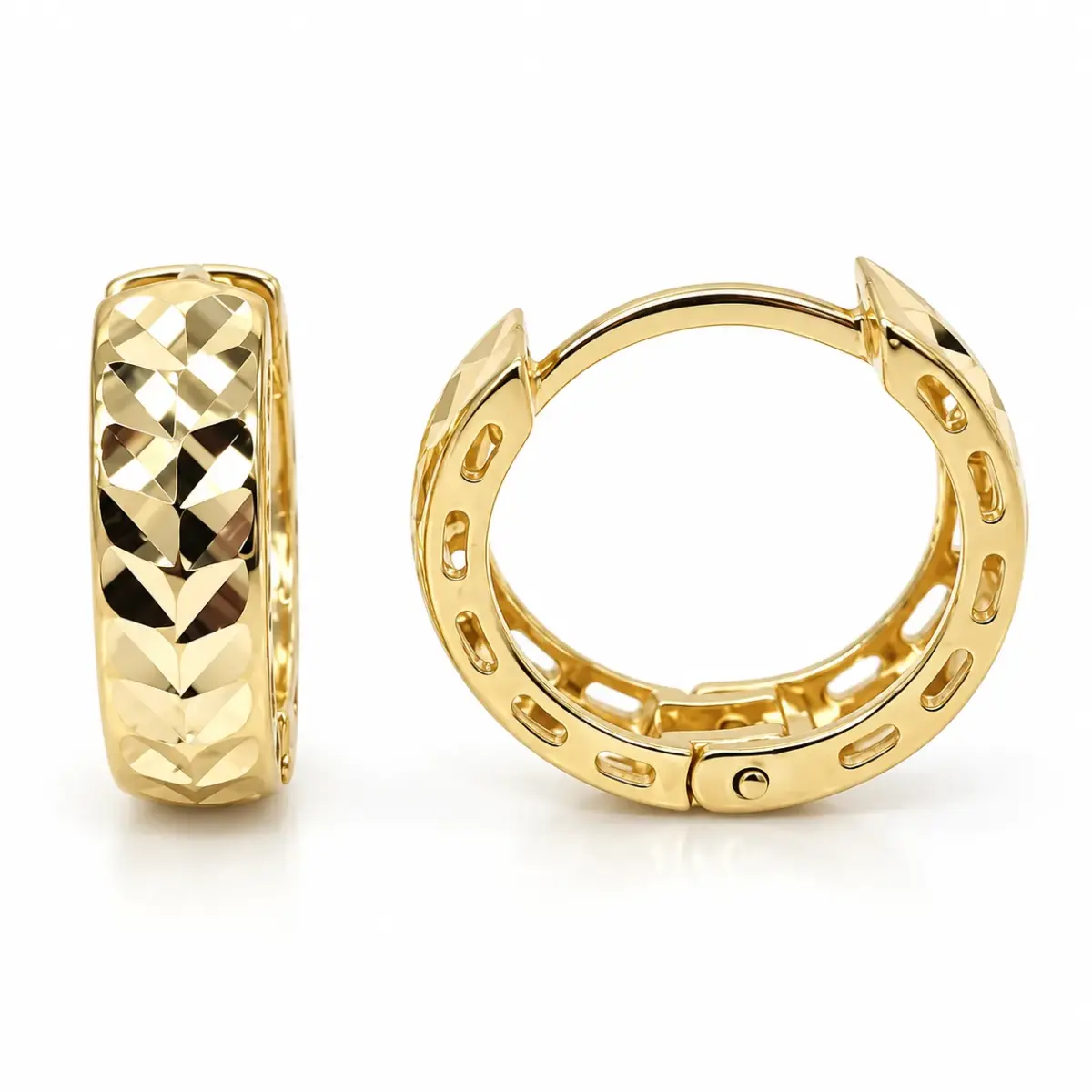 9ct Yellow Gold Diamond Cut Leaf Design Huggie Hoop Earrings – 3.60mm Wide, 9mm Internal Diameter - 1.51.1822