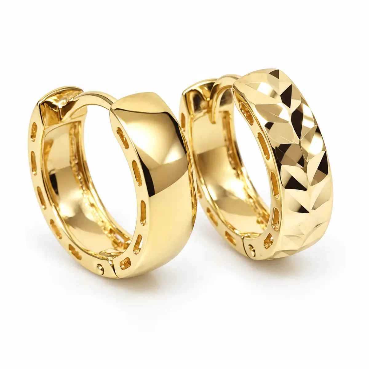 9ct Yellow Gold Diamond Cut Leaf Design Huggie Hoop Earrings – 3.60mm Wide, 9mm Internal Diameter - 1.51.1822