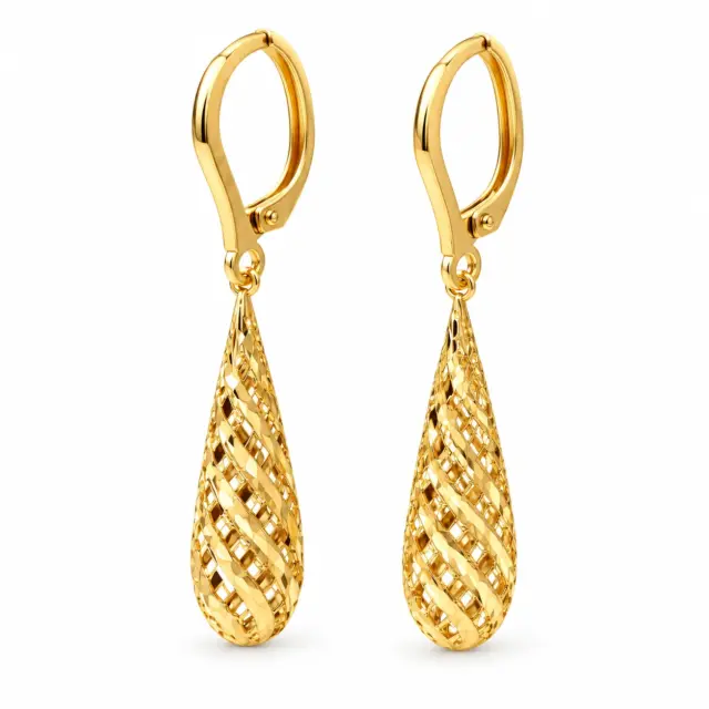 9ct Yellow Gold Diamond-Cut Mesh Teardrop Drop Earrings - 1.54.4229