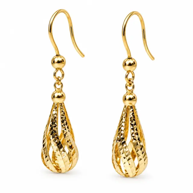 9ct Yellow Gold Diamond-Cut Teardrop Drop Hook Earrings - 1.56.9529