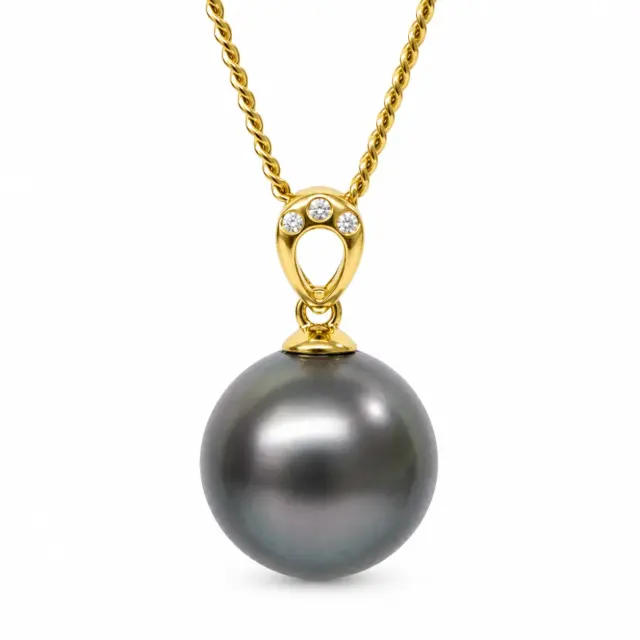 9ct Yellow Gold Diamond Tahitian Black Pearl Pendant – 12mm Round Pearl - 9YGDTZ