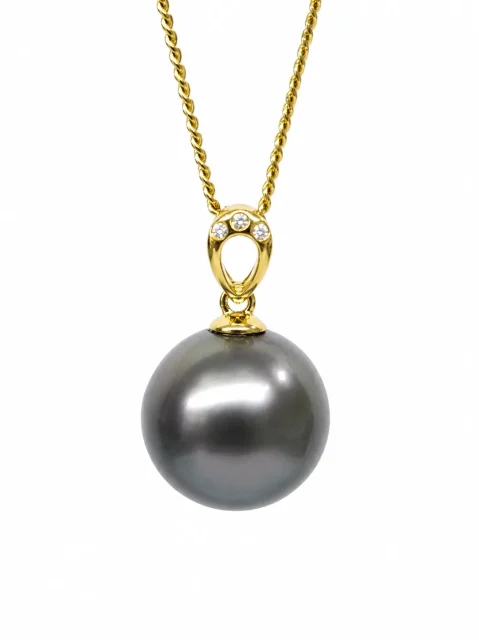 9ct Yellow Gold Diamond Tahitian Black Pearl Pendant – 12mm Round Pearl - 9YGDTZ