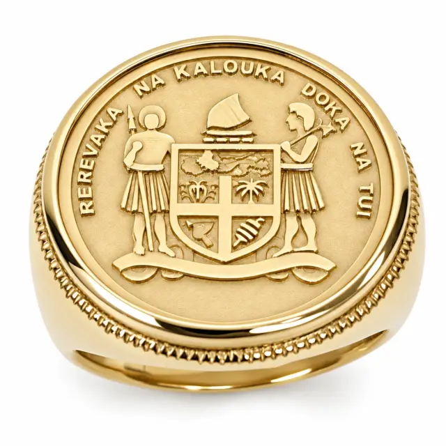 9ct Yellow Gold Fijian Coat of Arms Coin Signet Ring – Solid Gold Coin Insert – 15.12g