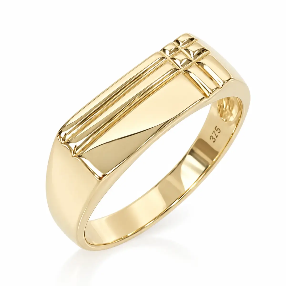 9ct Yellow Gold Gents Rectangular Signet Wedding Ring with Recessed Line Detail - 9YD6863